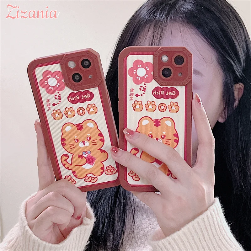 

Fashion Cute Red Cartoon make a fortune Tiger Phone Case For iPhone 13 12 11 Pro Max XS Max XR X 7 8 Plus Simple Shockproof Case