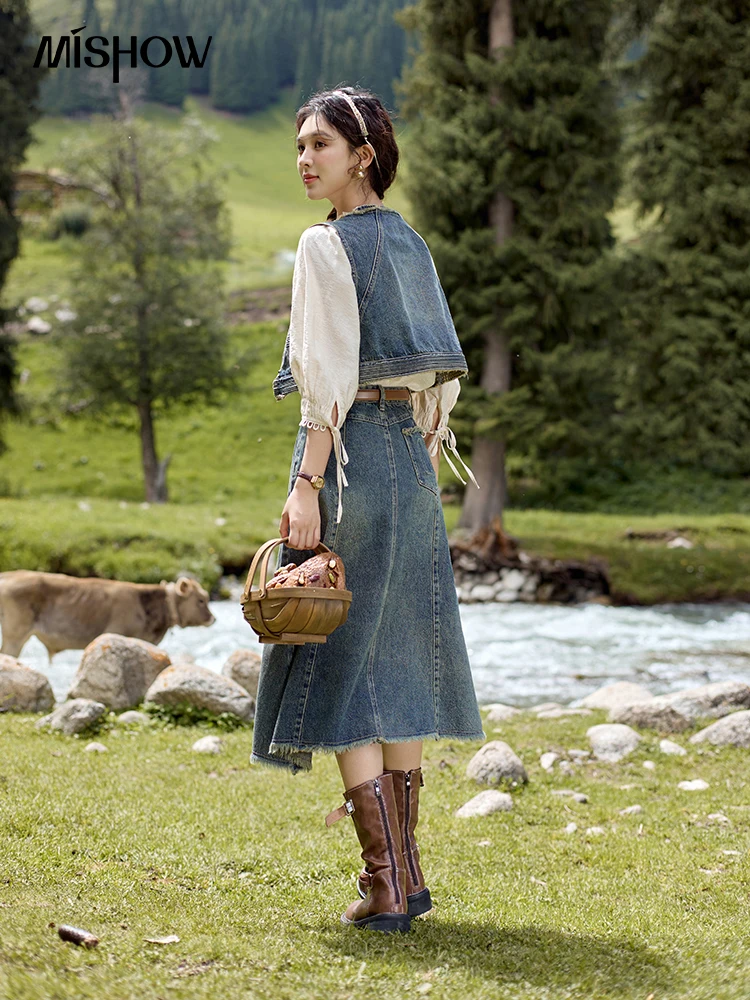 Юбка-миди джинсовая трапециевидная с эффектом потертости в стиле ретро