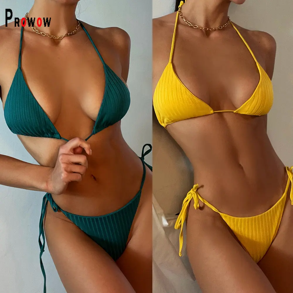 

Сексуальный женский микро-бикини Prowow, однотонный комплект из двух предметов, женская летняя одежда для плавания на шнуровке