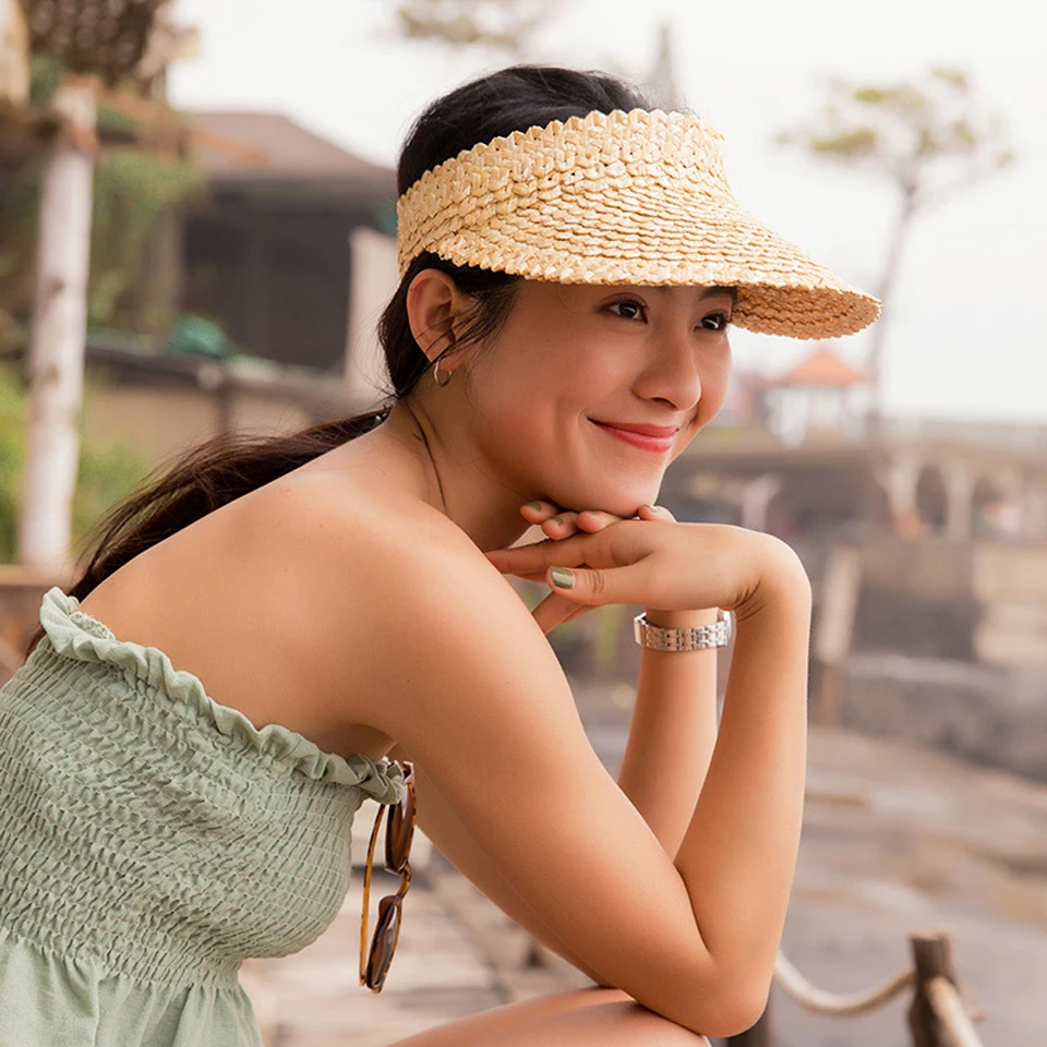 

Women Summer Handmade Woven Natural Straw Hat Sun Visor Empty Top Wide Brim UV Protection Beach Sunhat Men Holiday Peaked Caps