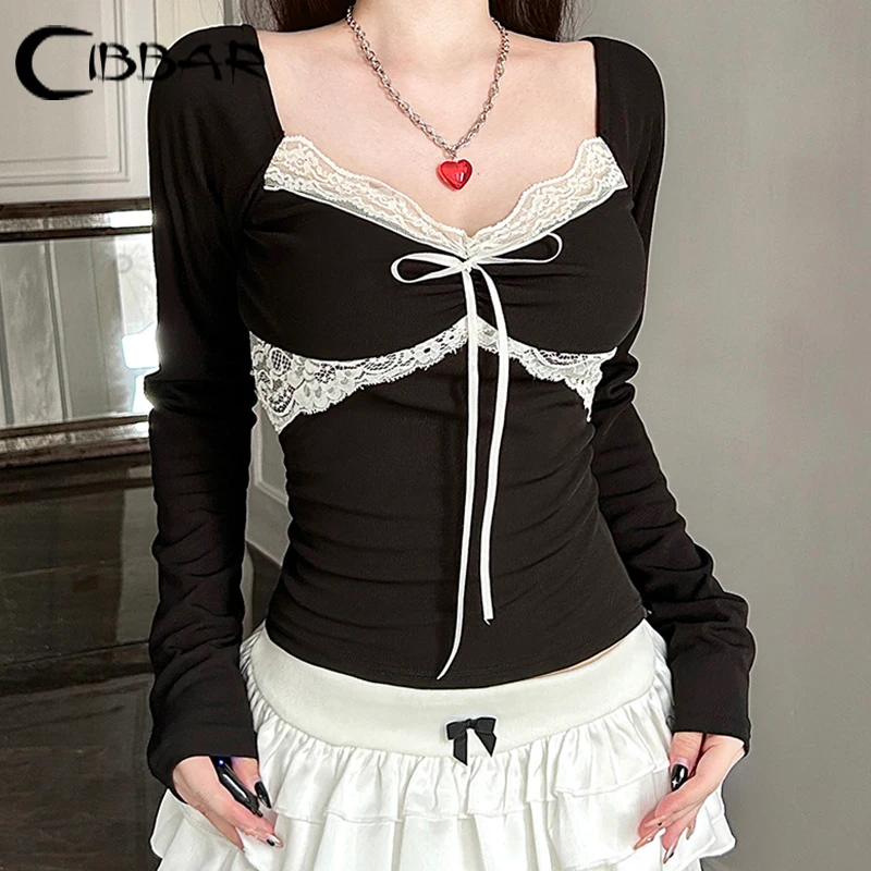 CIBBAR Y2k Короткий Топ С Бантом Винтажная Вязаная Футболка Квадратным Воротником