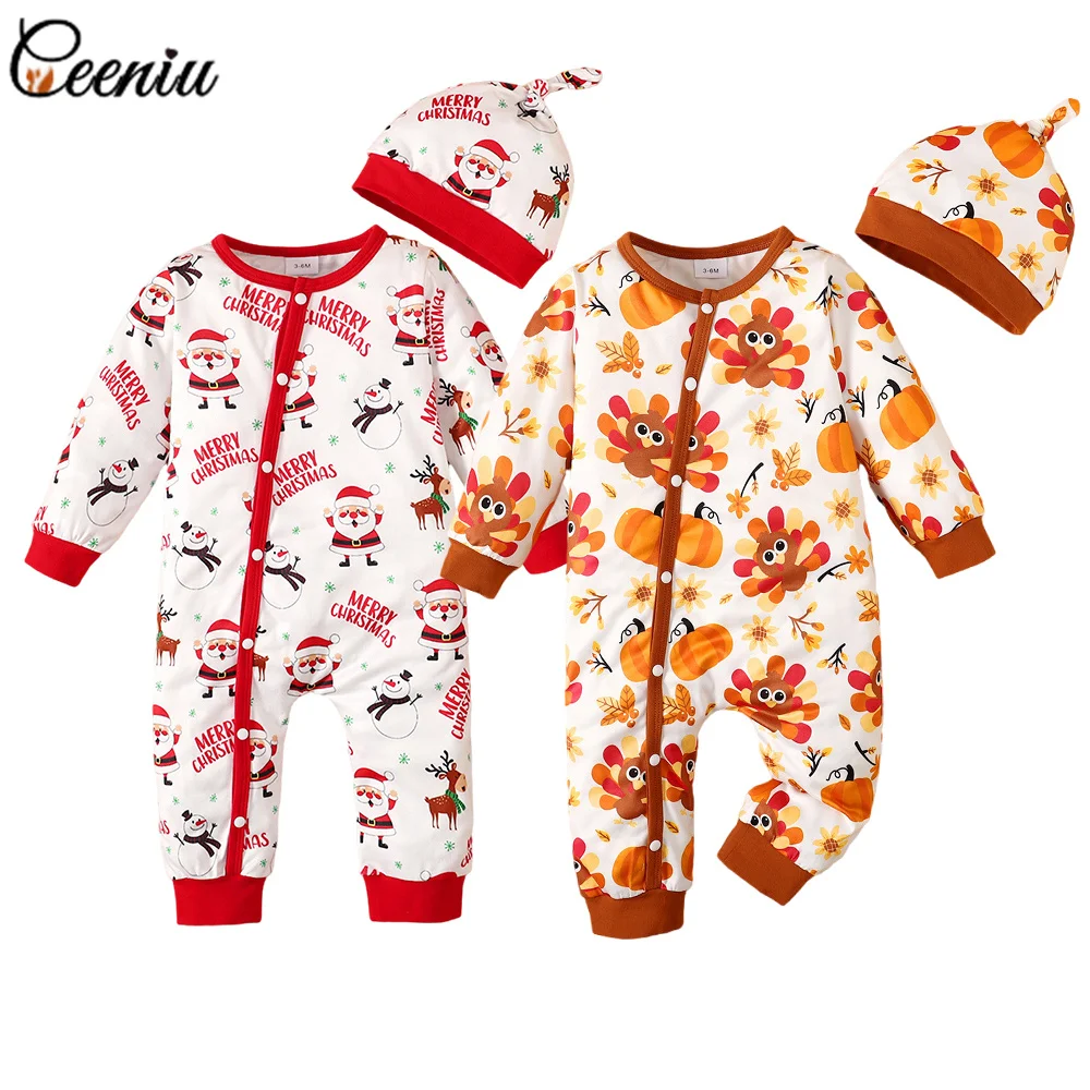 

Ceeniu 0-18M My First Christmas Baby Romper Red Santa Claus Print Jumpsuit With Hat Baby Thanksgiving Costume New Year Clothes