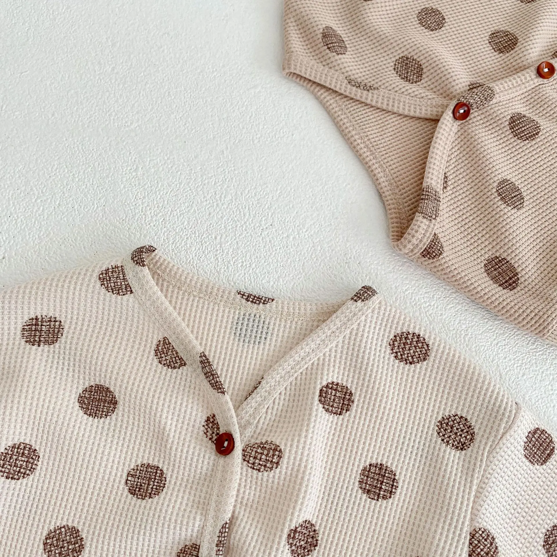 2022 Autumn New Girl Children Waffle Dots Shirt Set Boy Baby Long Sleeve T-shirt+Pants 2pcs Home Suit Infant Cotton Tops Suits