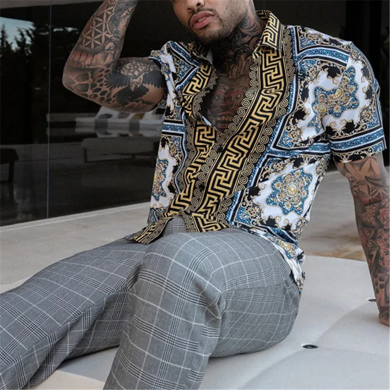 

Summer New Men's Clothing European American Retro Trend Shirt Cardigan Single-Breasted Men's Short Sleeve Printing Shirt