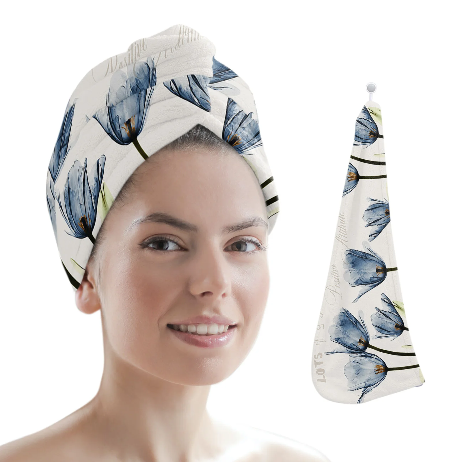 

Blue Tulip Flowers Text Microfiber Quick Dry Hair Towel Bathroom Hair Towel for Woman Absorbent Hair Care Cap