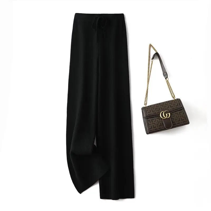 Брюки женские кашемировые трикотажные с широкими штанинами и высокой талией