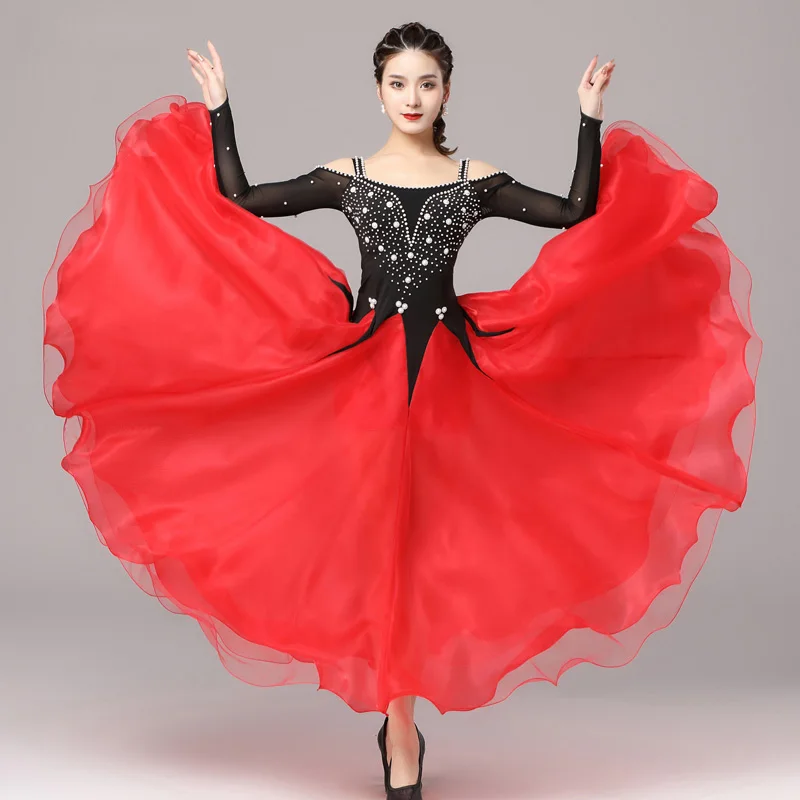 

Женское современное танцевальное платье с длинным рукавом, прозрачное платье для национального стандарта, костюм для бальных танцев, танце...