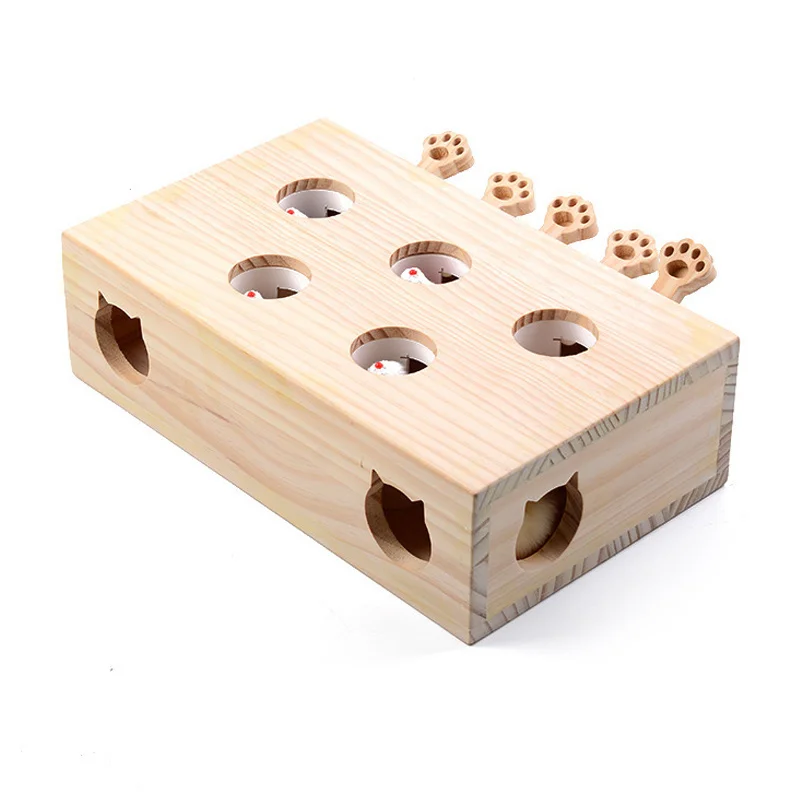 

Funny Wooden Cat Hunt Puzzle Toy Maze With 3/5-holed Mouse Holes Pet Hit Hamster Catch Bite Interactive Toys Cats Pet Supplies
