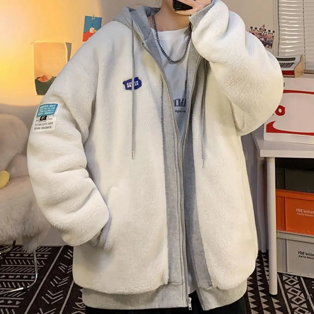

Imitation Lambswool Patchwork Hoodie Zipper Drawstring Pockets Colorblock Winter Thick Warm Coat Loose Hooded Sweatshirt Couple