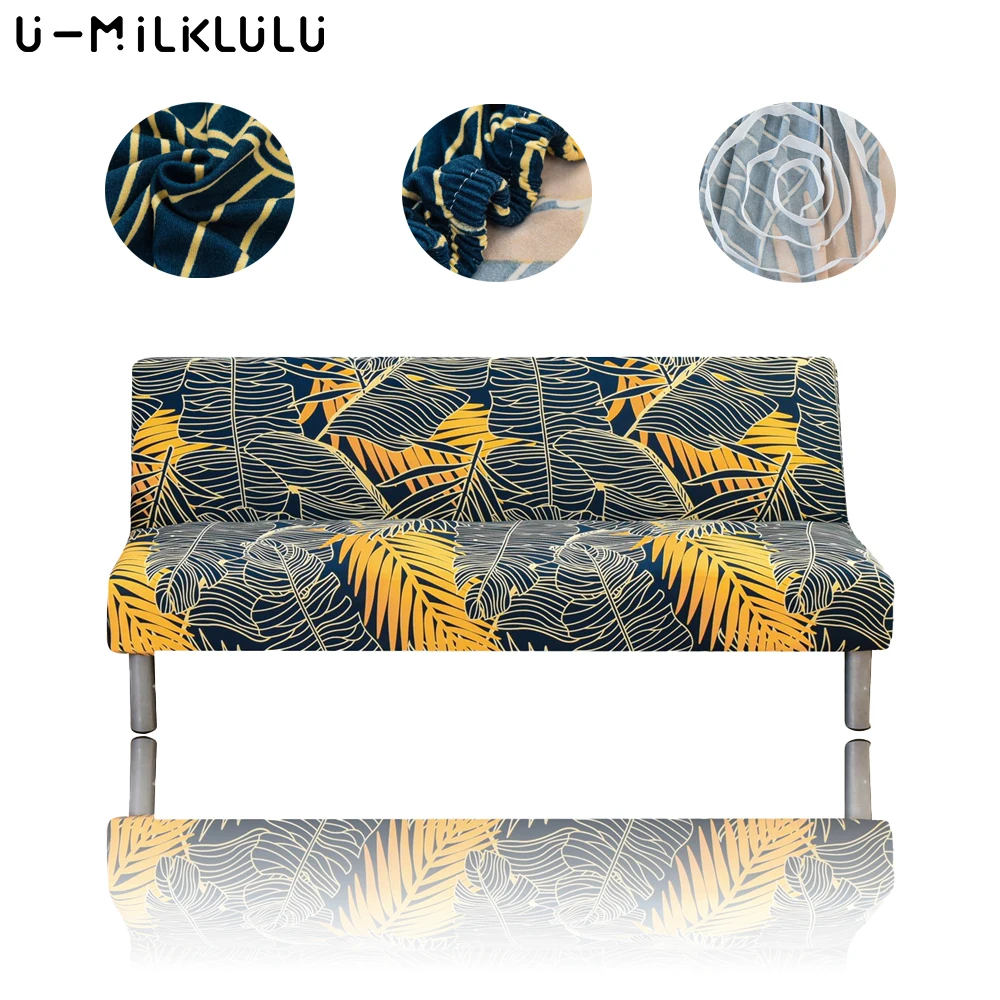 

Blue Yellow Folding Sofa Bed Cover Without Armrest Elastic Decorative Seat Furniture Couch Cover for Living Room Print Leaves