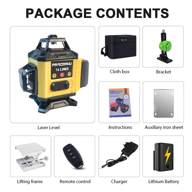 

Pracmanu 16-линейный 4D лазерный уровень с горизонтальным и вертикальным крестом, зеленая линия 360 ° Самовыравнивающийся лазерный уровень