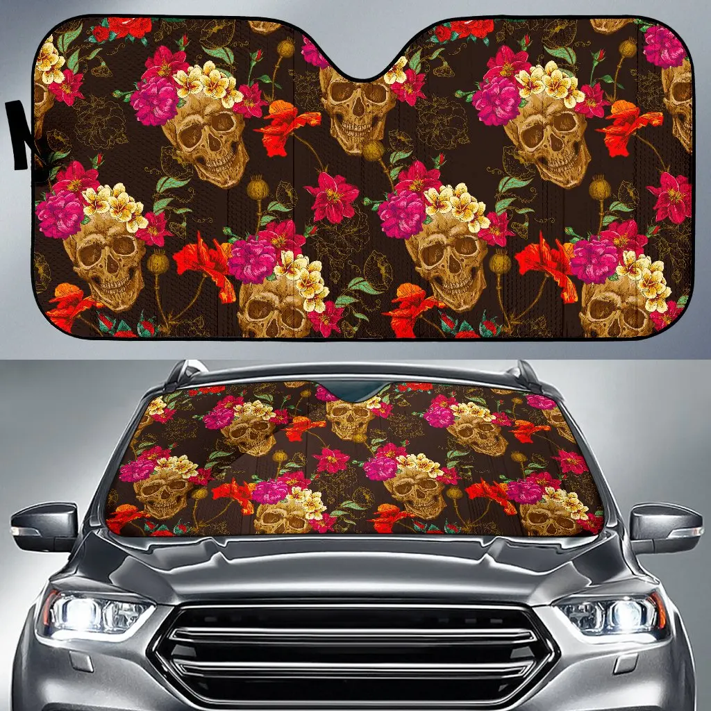 

Vintage Flowers Skull Pattern Print Car Sun Shade