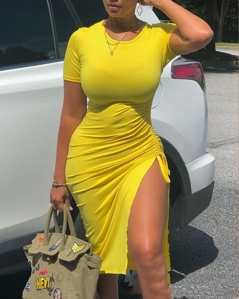 

2022 Summer New Drawstring Dress Woman Fashion Print V-neck Short-sleeved Drawstring Tight Tshirt Dress Women