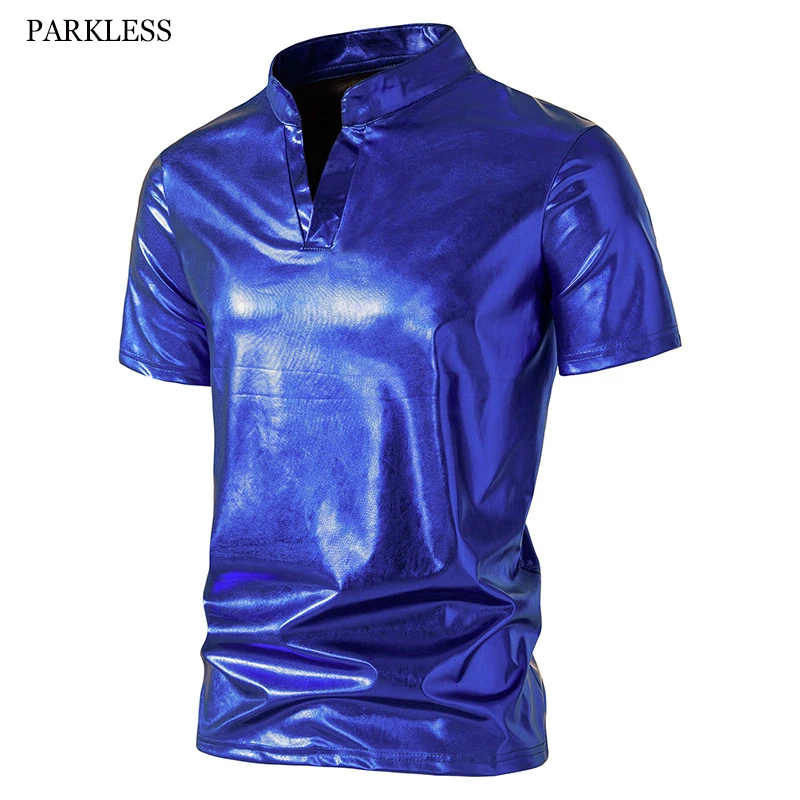 

Classic V Neck T Shirt Blue Silver Men Shiny Coated Metallic Nightclub Stage Tshirt Hip Hop Streetwear Camiseta Masculina Tops