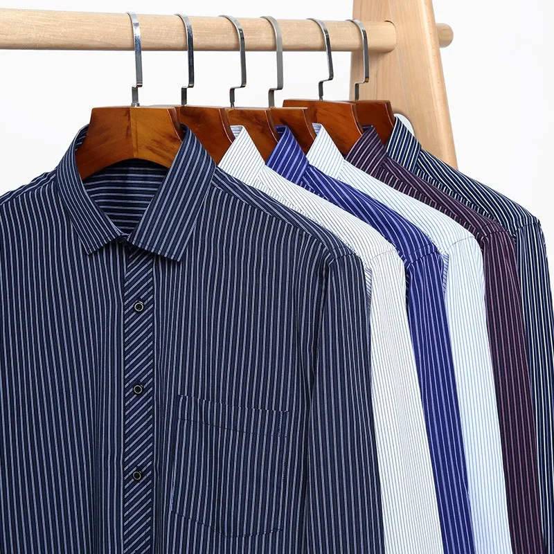 Men's Classic Striped Regular Fit Long Sleeve Shirt Single Patch Pocket Buttoned Up Formal Business Basic Dress Shirts