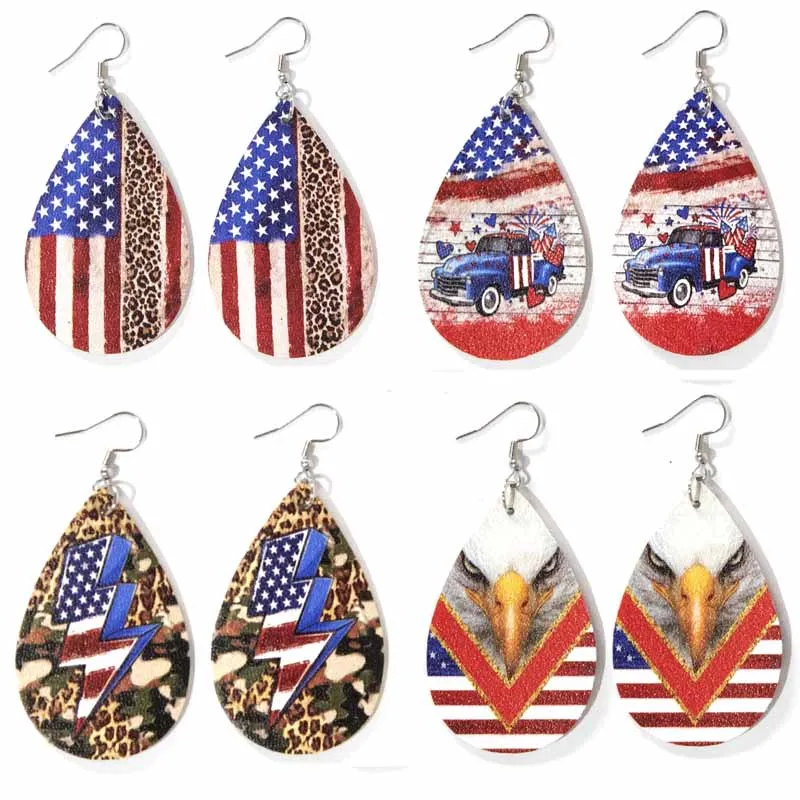 

Creative Independence Day Sun Flag Leopard Pattern Earrings For Women Ethnic Sunflowers Water Drop Leather Jewelry Gift