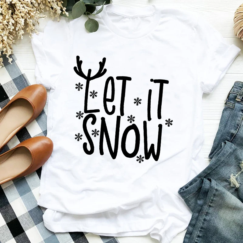 

Women Funny Cute Snow Letters Clothing Holiday Merry Christmas Trend Ladies Graphic Print Tee Top Tshirt Travel T-shirt