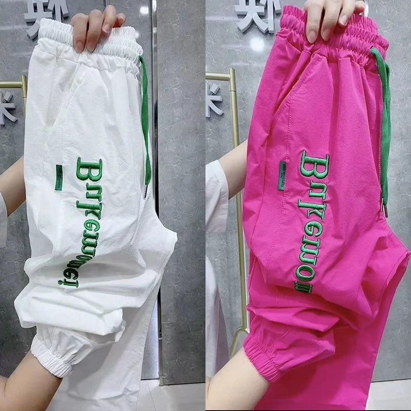 

Summer Thin Embroidery Alphabet Streetwear Pants Women's High Waist Relaxed Losse Harem Tousers