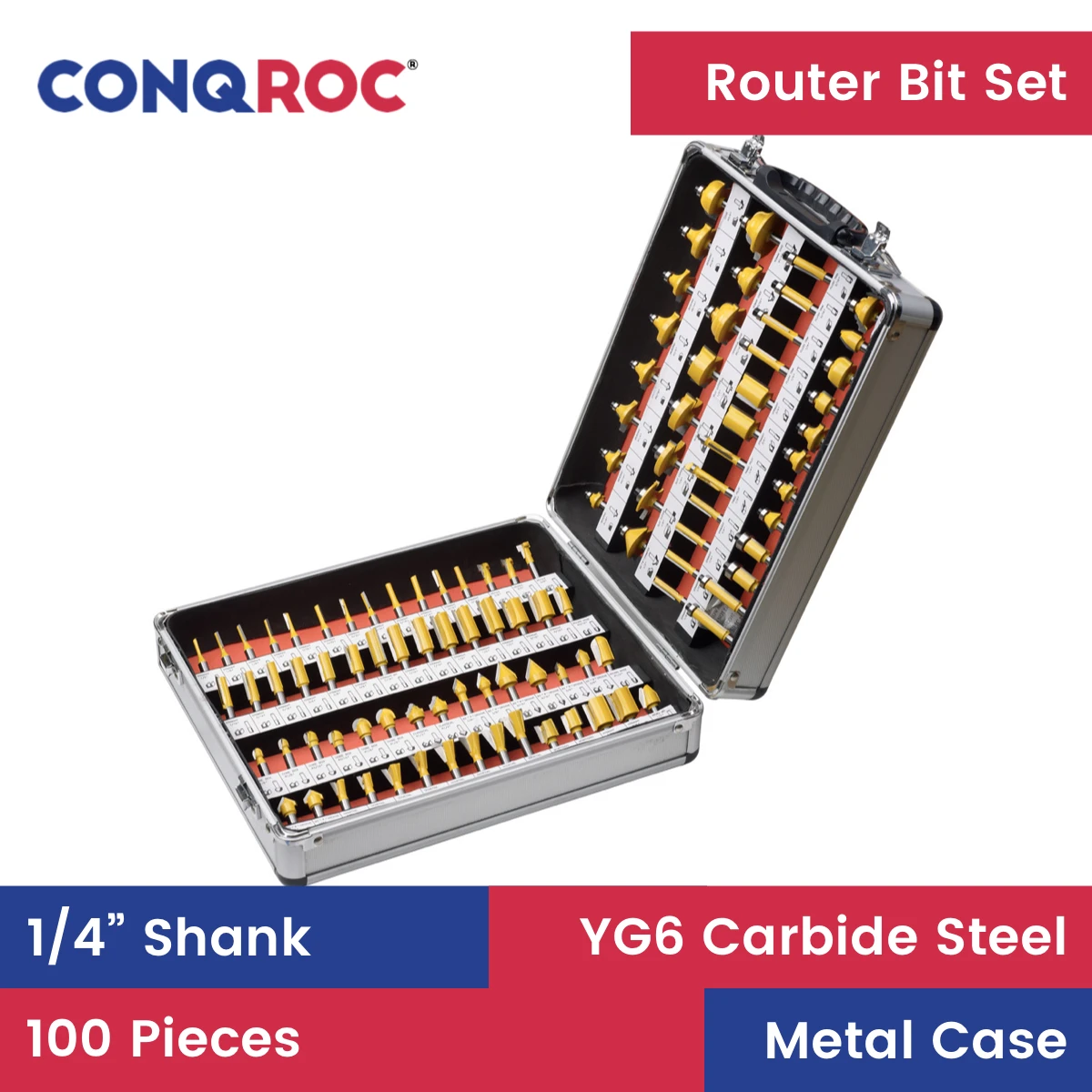 

100 Pieces 1/4" (6.35mm) Shank Router Bits Set Woodworking Milling Cutters with Metal Case