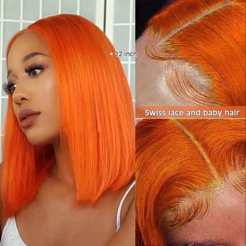 

Orange Ginger Wig Short Straight Bob Lace Front Human Hair Wigs Remy Hair PrePlucked 13X4 Transparent Lace Frontal Wig for Women