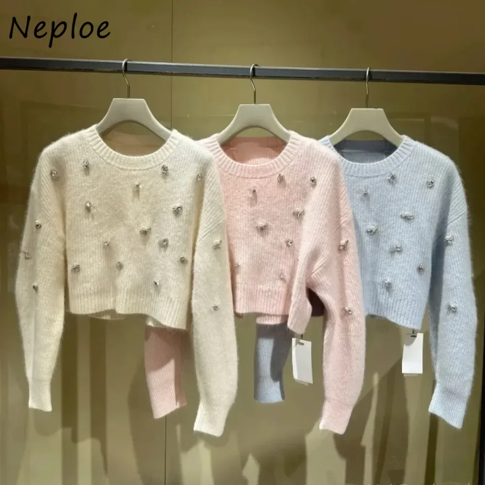 Neploe New Sweet O Neck Long Sleeve Gentle Pull Femme Vent Beading Pullover Tops Japan Slim Small Fellow Cute Knitted