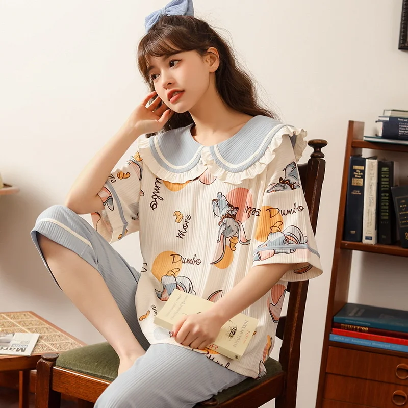 

Spring And Autumn New Style Pajamas Women's Cotton Thin Doll Collar Sweet Lovely Cartoon Short Sleeve Capri Pants Set Summer