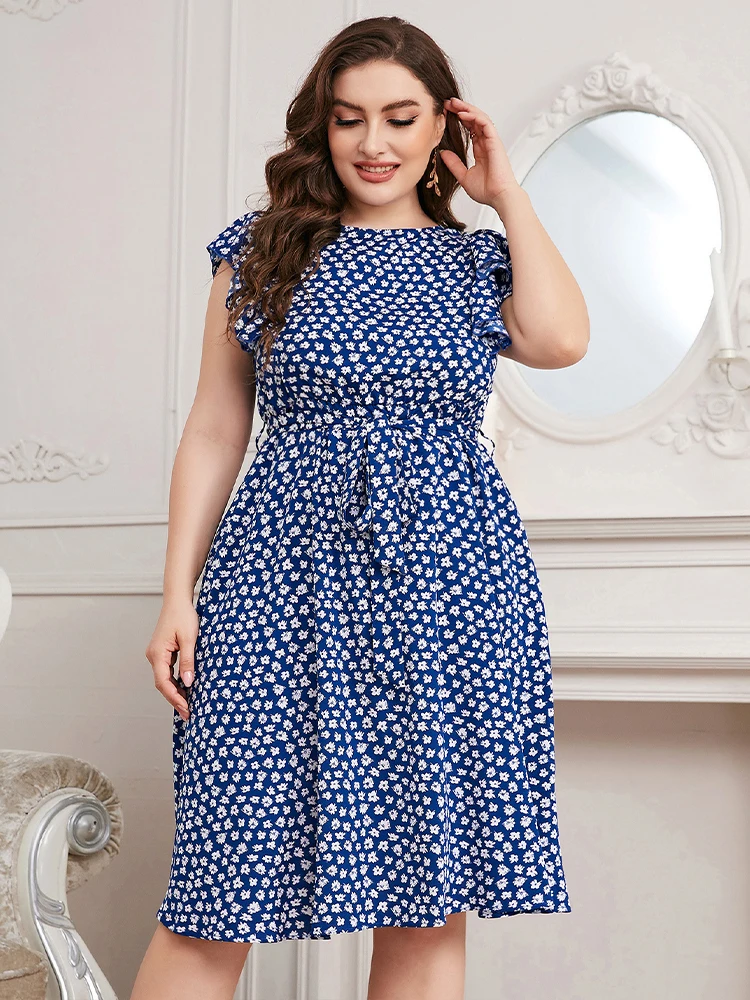 Plus Size For Women Clothing 2022 Summer Casual Flowers Short Sleeve O Neck Dress Fashion Women's Elegant Dresses