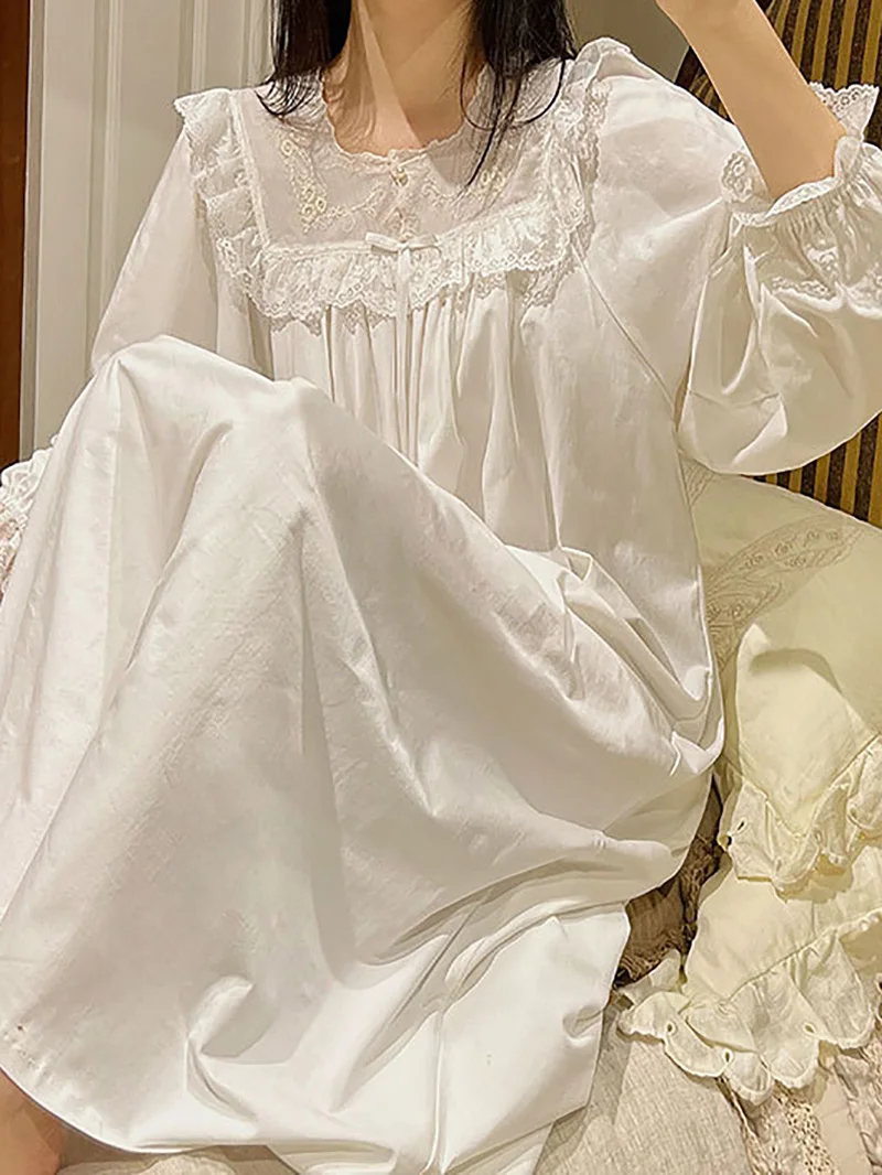 Women Pure Cotton Ruffles Vintage Nightgowns Robe Lace Fairy Long Sleeve Victorian Princess Sleepwear Sweet Night Dress Homewear