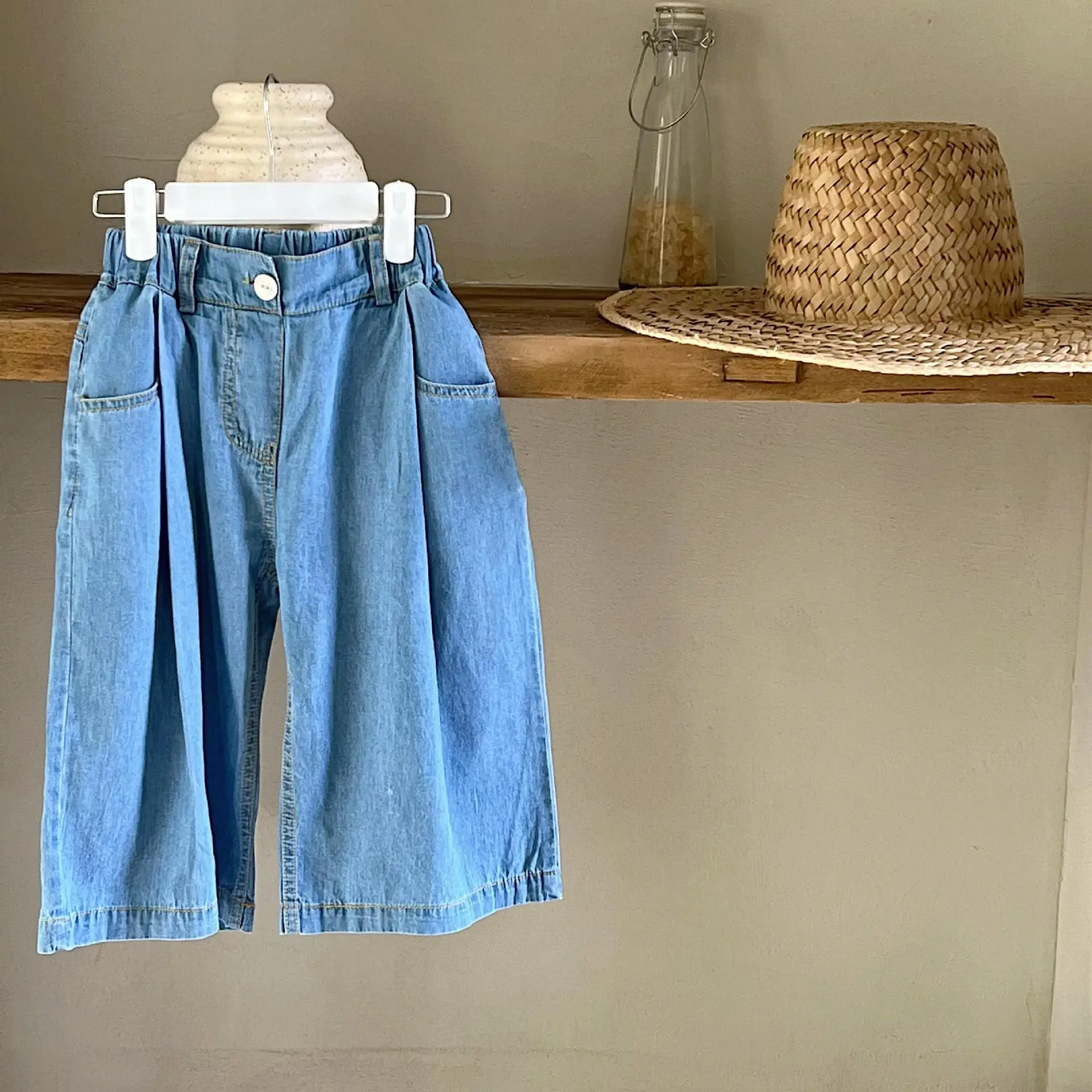 

Kids Jeans Korean Children Wear 2022 Summer New Girls Pants Blue Jeans Casual Denim Pants Wide Leg Nine Point Pants