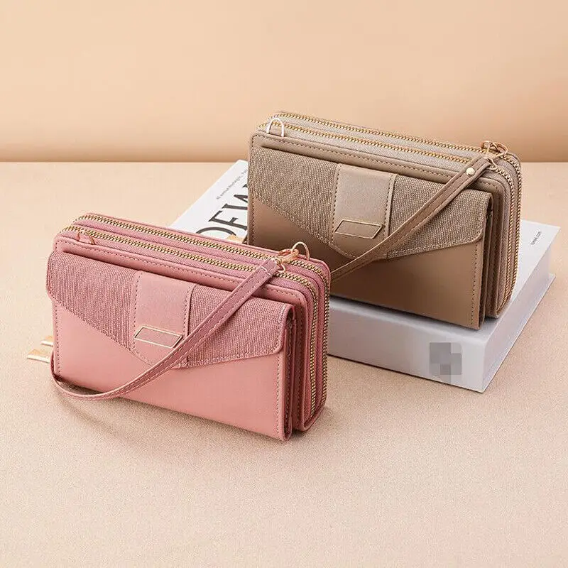 Simple Versatile Multi Card Double Layer Zipper Single Shoulder Crossbody Women'S Bag Pu Leather Wallet Mobile Phone Handbag