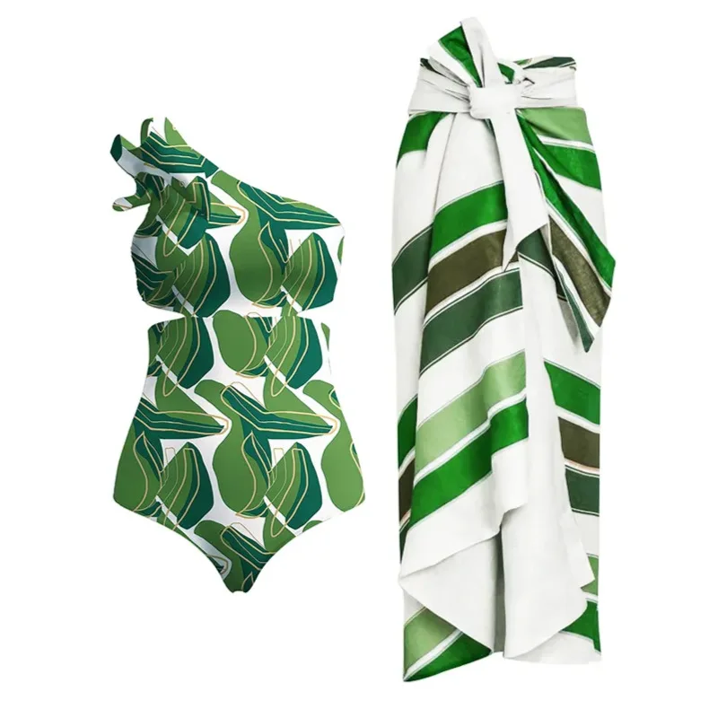 

2023 New One-shoulder Straps Swimwear Printed One-piece Swimsuit Suit for Women Cover Up Bikini Sunscreen Beachwear