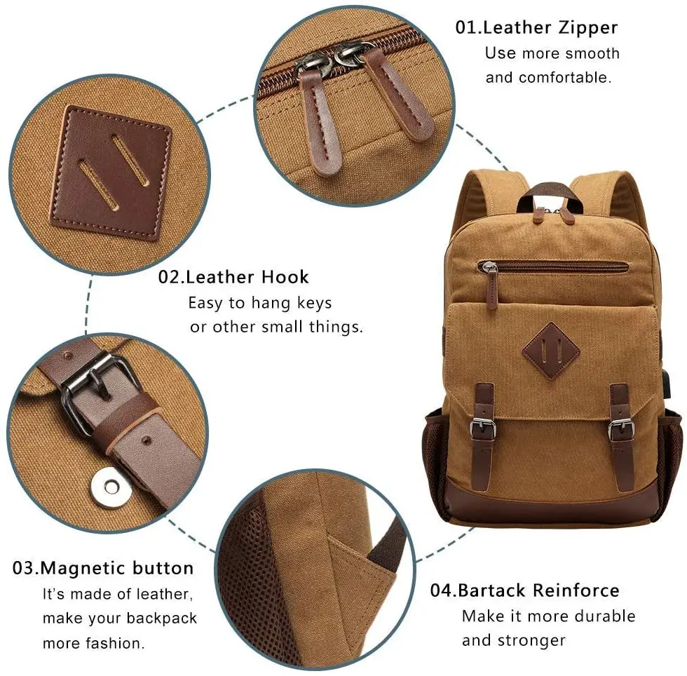 Canvas Backpack for Men Women, Vintage Rucksack Fits Most 15.6 Inch Laptop, Bookbag with USB Charging Port, Brown