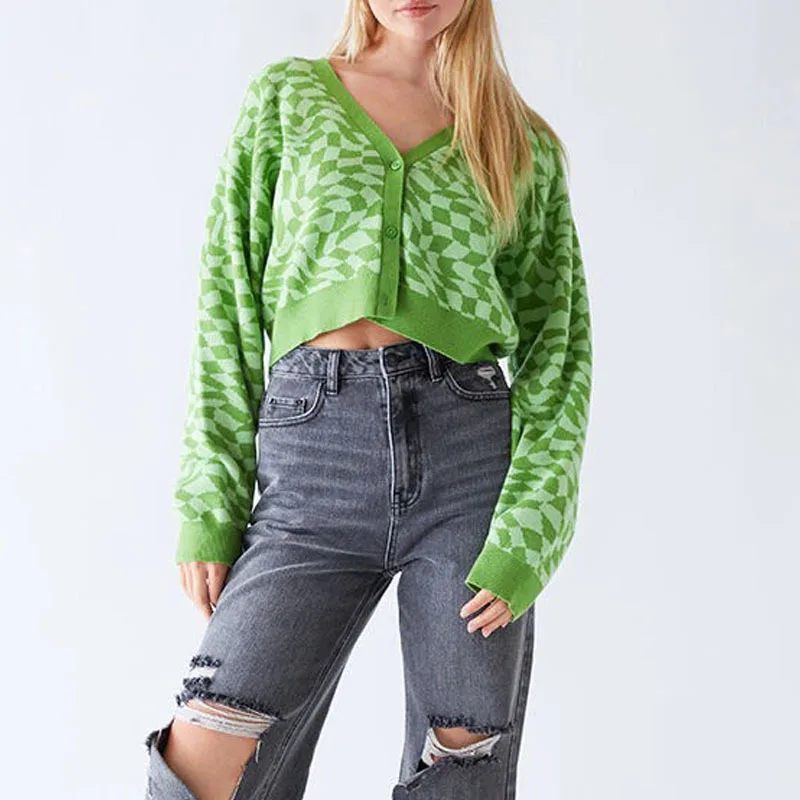 

2021 Autumn Winter Vintage Cropped Cardigan Green Women Casual Print Long Sleeve Y2K Knit Sweater Top Korean Fashion Jumpers 90s