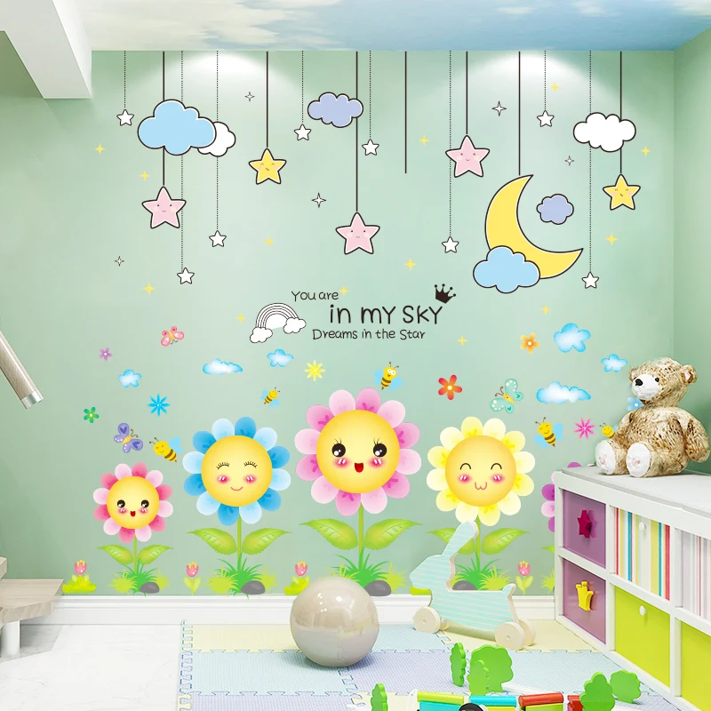 

[shijuekongjian] Sunflowers Plants Wall Stickers DIY Stars Clouds Wall Decals for Living Room Kids Bedroom Nursery Decoration
