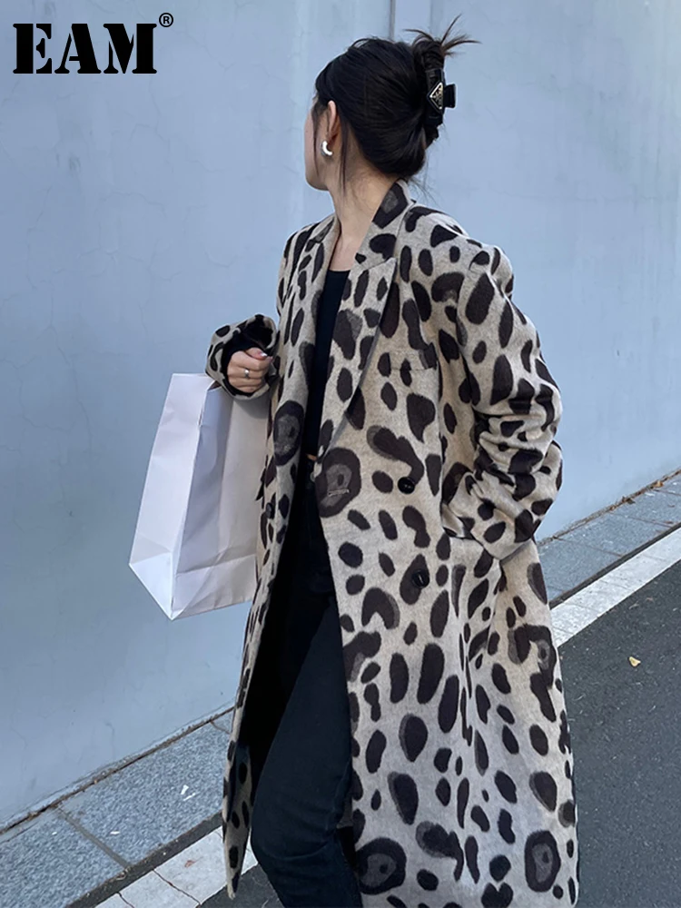 

[EAM] Свободное пальто кофейного цвета с леопардовым принтом большого размера, шерстяное пальто, парки, новинка, с длинным рукавом, женская мо...