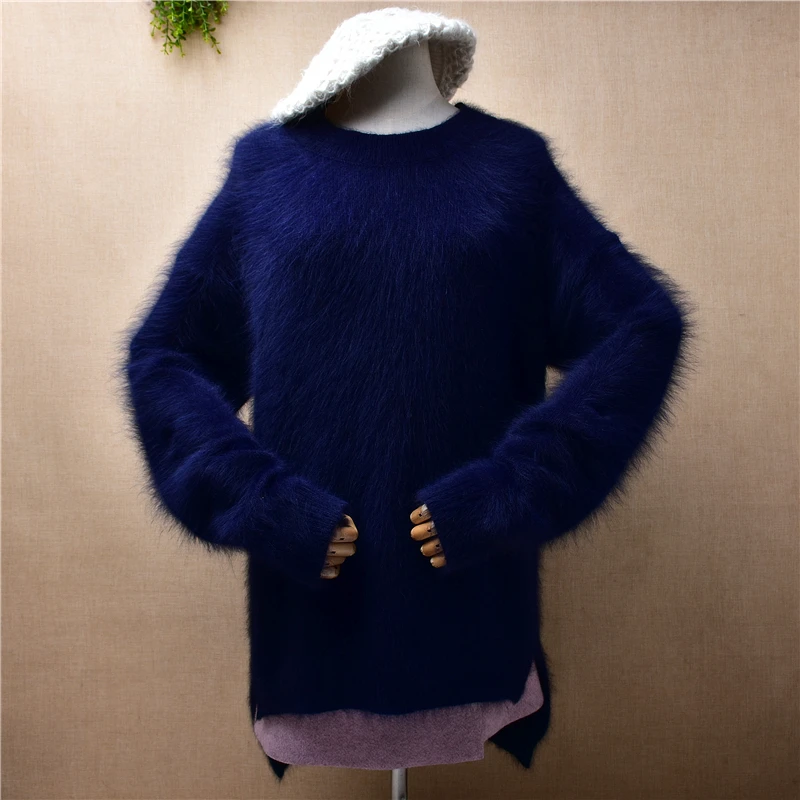 

Женская осенне-зимняя одежда, синие пушистые плюшевые норковые кашемировые вязаные облегающие блузки с длинным рукавом и круглым вырезом, пуловер, свитер