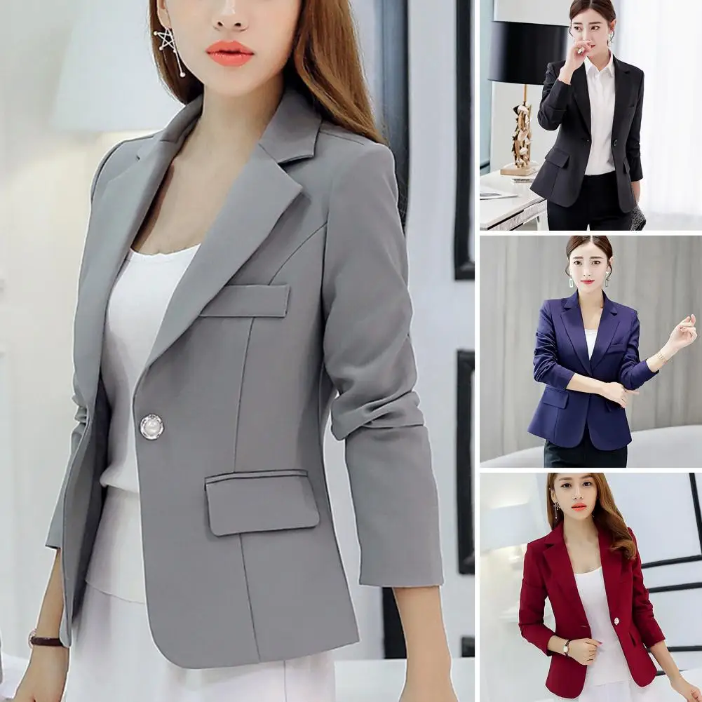 

Women Blazer Notched Collar Non-shrink Warm Spring Autumn Solid Color Single Button Slim Suit Coat Suit Coat Outerwear
