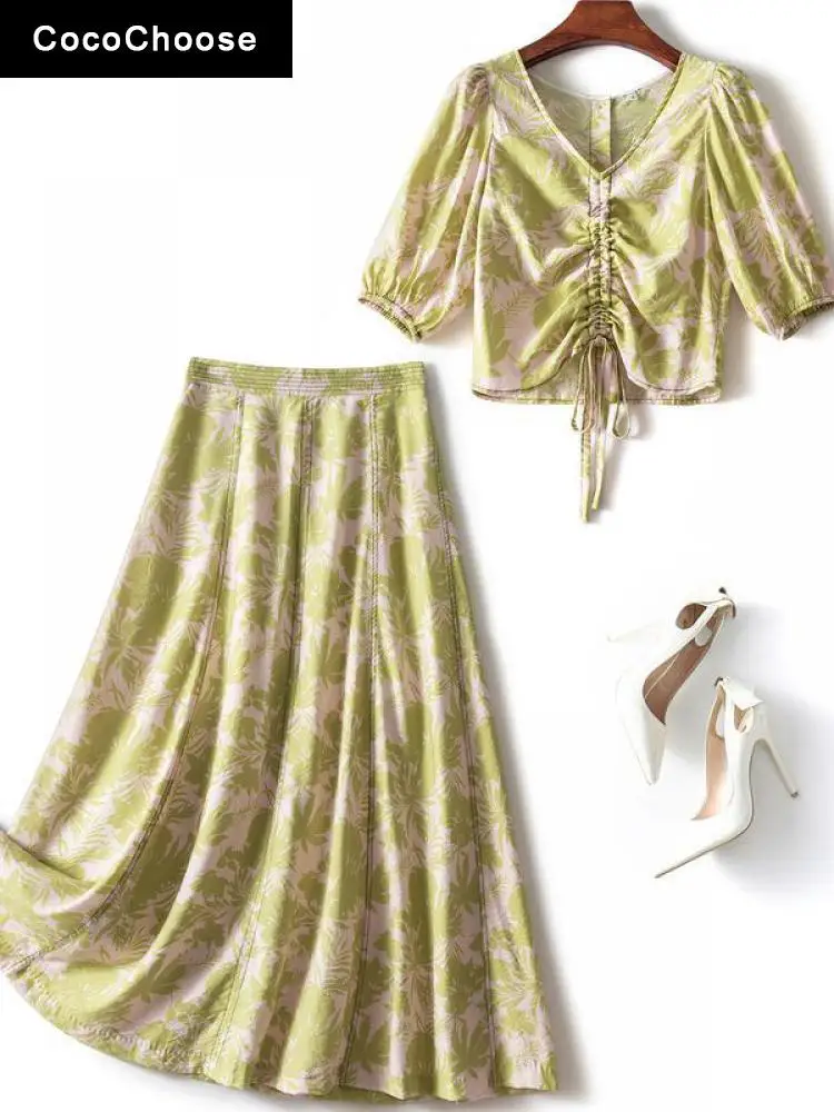 

Designer Folds Linen Dress Suits Summer 2022 Fashion Floral Long High Waisted Skirt And Crop Top 2 Piece Sets Womens Outfits