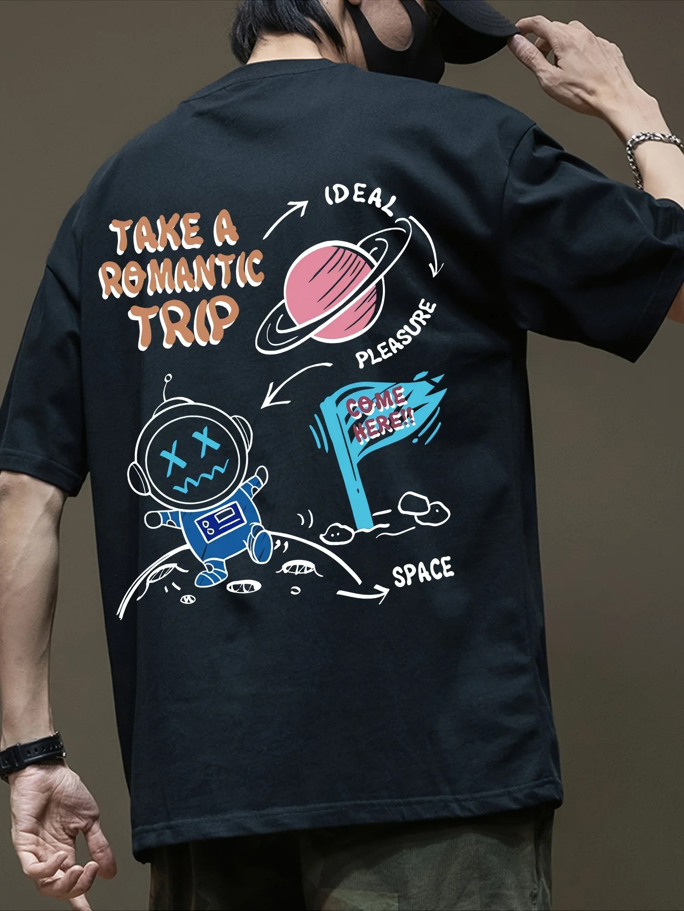 Men's 100% Cotton Astronaut And Planet Graphic Print T-shirt Casual Short Sleeve Crew Neck Tee Clothing For Summer Outdo