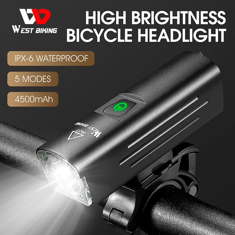 

WEST BIKING 1300 Lumen Cycling Light USB Rechargeable Lamp 4500mAh 5 Modes LED Flashlight Aluminum Ultralight MTB Bicycle Lights