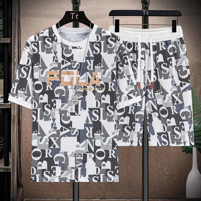 Men's Summer Ice Silk Short Sleeve Shorts Casual Suit Fashion Handsome Suit Thin Style Printed Loose Two-Piece Set