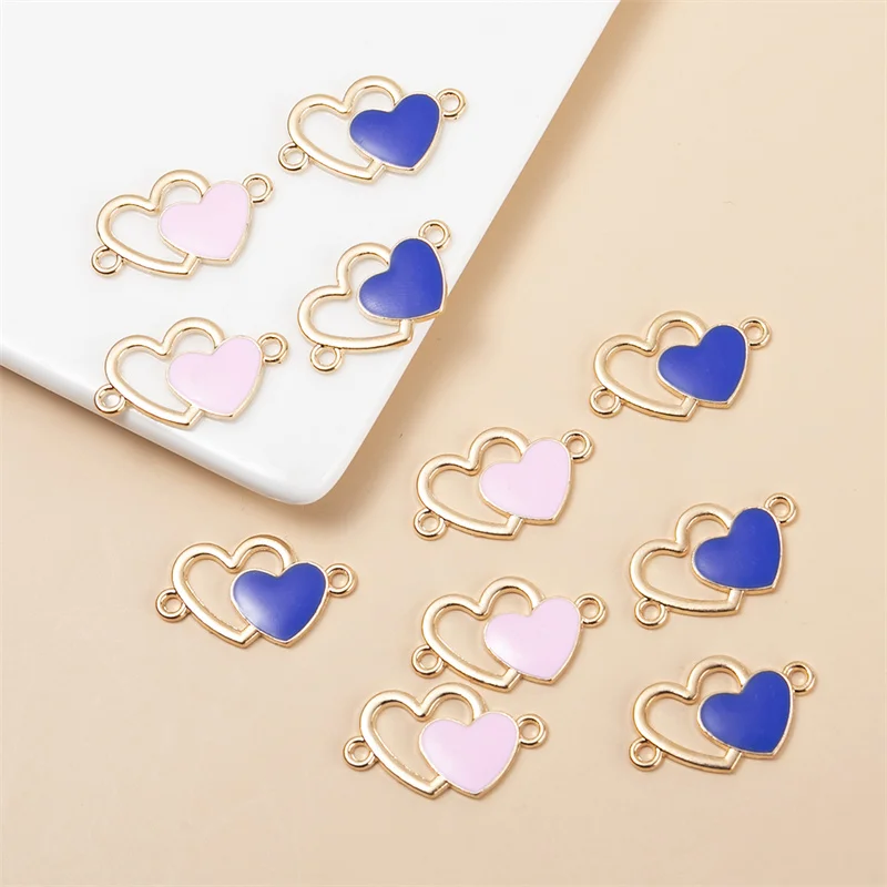 

HEYUYAO 10pcs/loth 24*14MM Double Heart Enamel Charms Connector DIY Necklaces Bracelet for Jewelry Making Accessories