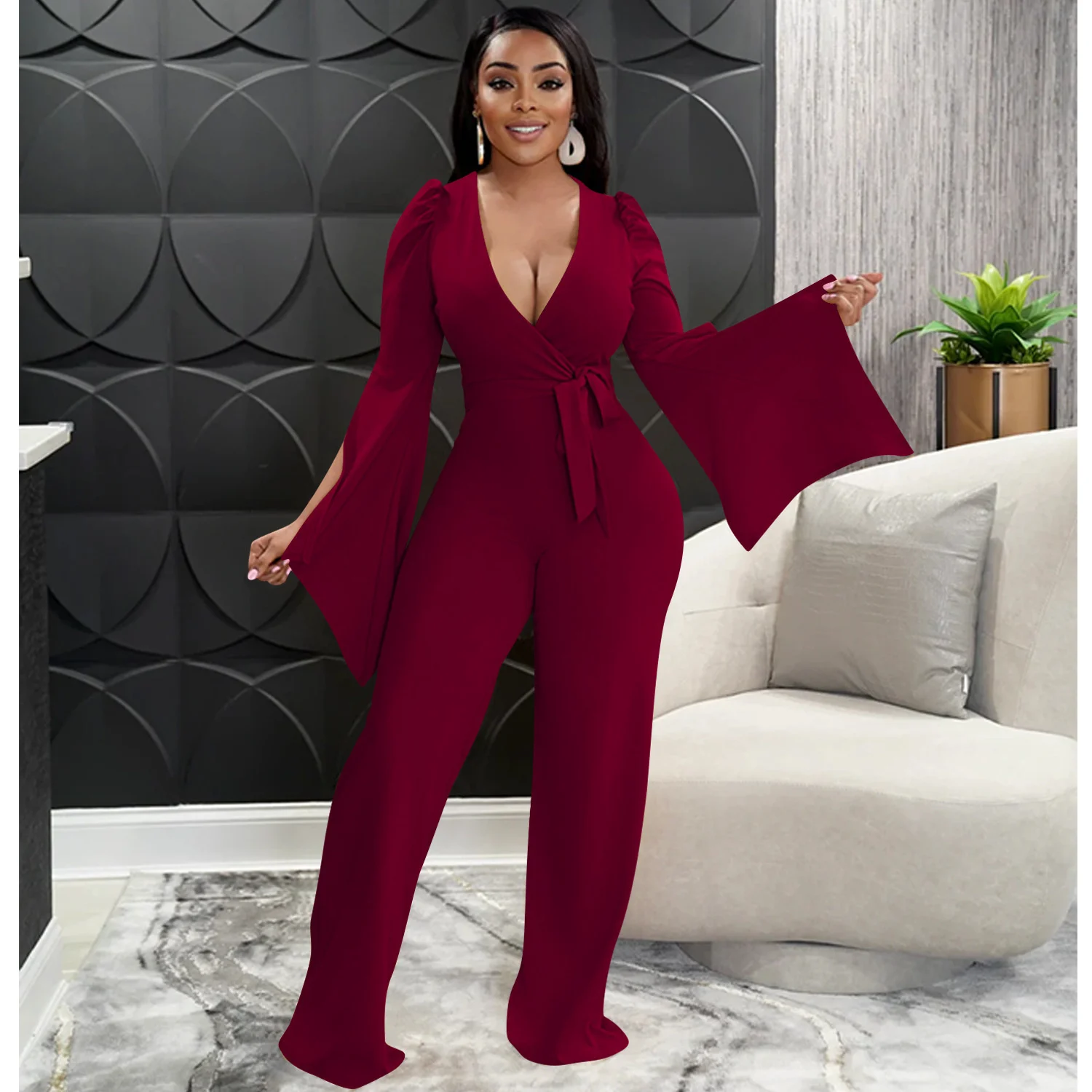 

Women's Jumpsuit New Fashion Solid Color Sexy Deep V Bandage Wrinkled Wide Sleeve Pants Jumpsuit Stylish Women's Clothing