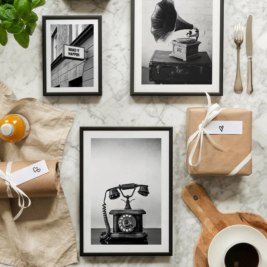 Черно-белая ретро-камера граммофон для телефона настенная Картина на холсте