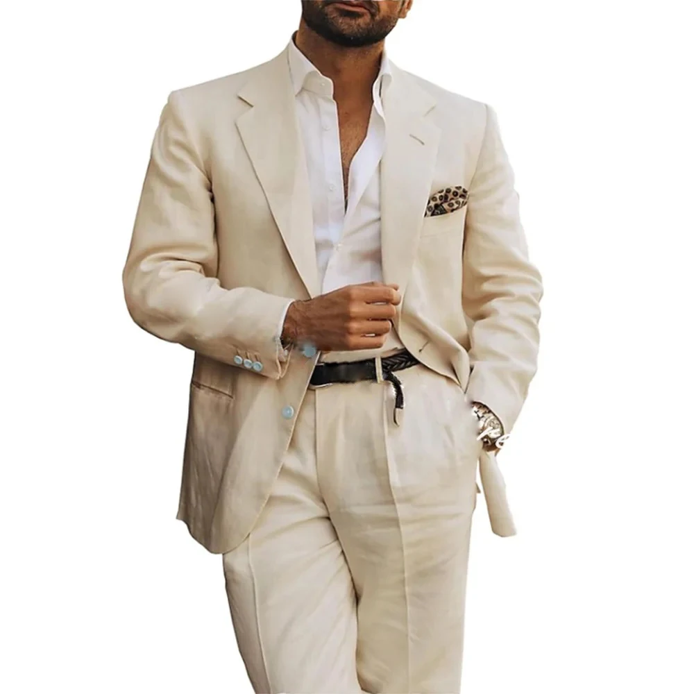Мужские костюмы из блейзера и брюк бежевые повседневные облегающие блейзеры для