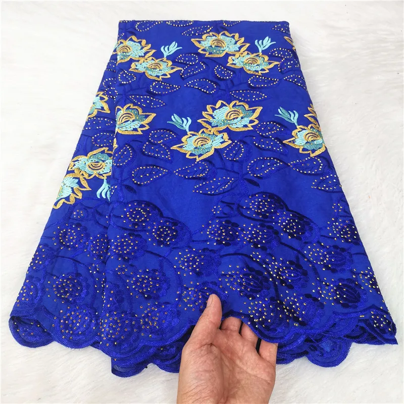 

5 Yard Swiss Fabric Latest With Stones Embroidery African 100% Cotton Voile Lace Popular Dubai Style For wedding Party 9L07072
