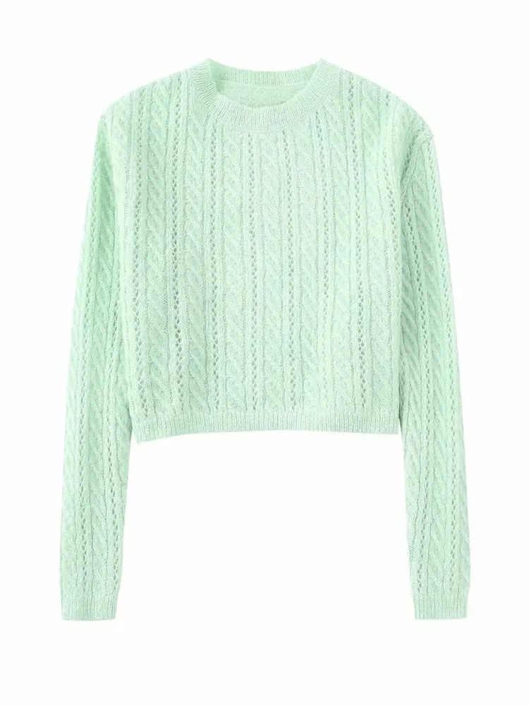

Girls Cute Mint Green Loose Hollow Out Sweaters 2022 Woman Sweet Crochet Knitted Tops Female Casual Soft O Neck Sweaters