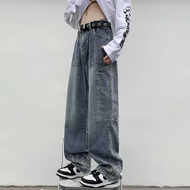 DEEPTOWN Vintage Printed Jeans Straight Streetwear Denim Pants Classic Retro Loose Casual Fashion Trousers Male Black Spring