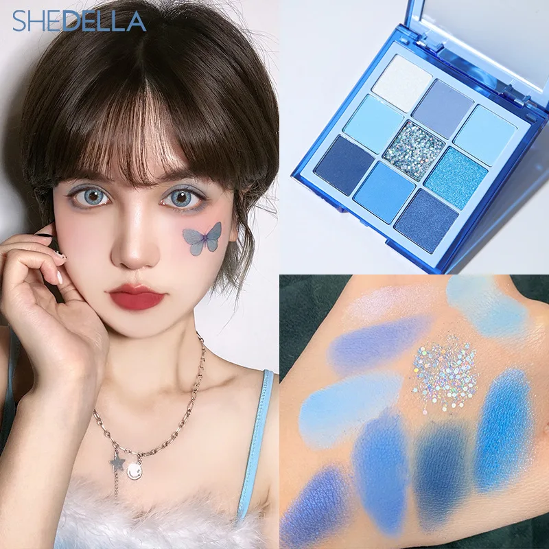 9 Colors Neon Blue Eyeshadow Palette Glitter Eyeshadow Makeup Palette Matte Shimmer Shiny Yellow Eye Pigmented Powder Cosmetics