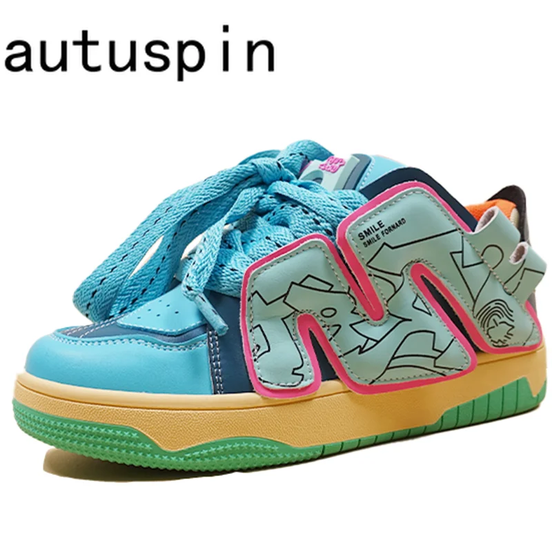 

AUTUSPIN Sports Shoes Women Newest Design Outdoor Genuine Leather Flats Platform Sneakers Mixed Colors Leisure Shoes Size 40